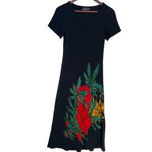 Vintage 90s Carole Little Maxi Dress Small S Black Red Floral Cottagecore